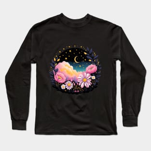 Aesthetic Clouds Starry Sky with Pink Flowers Long Sleeve T-Shirt